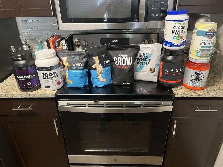 different types of the best protein powder we’ve tested at Garage Gym Reviews in our testing facility